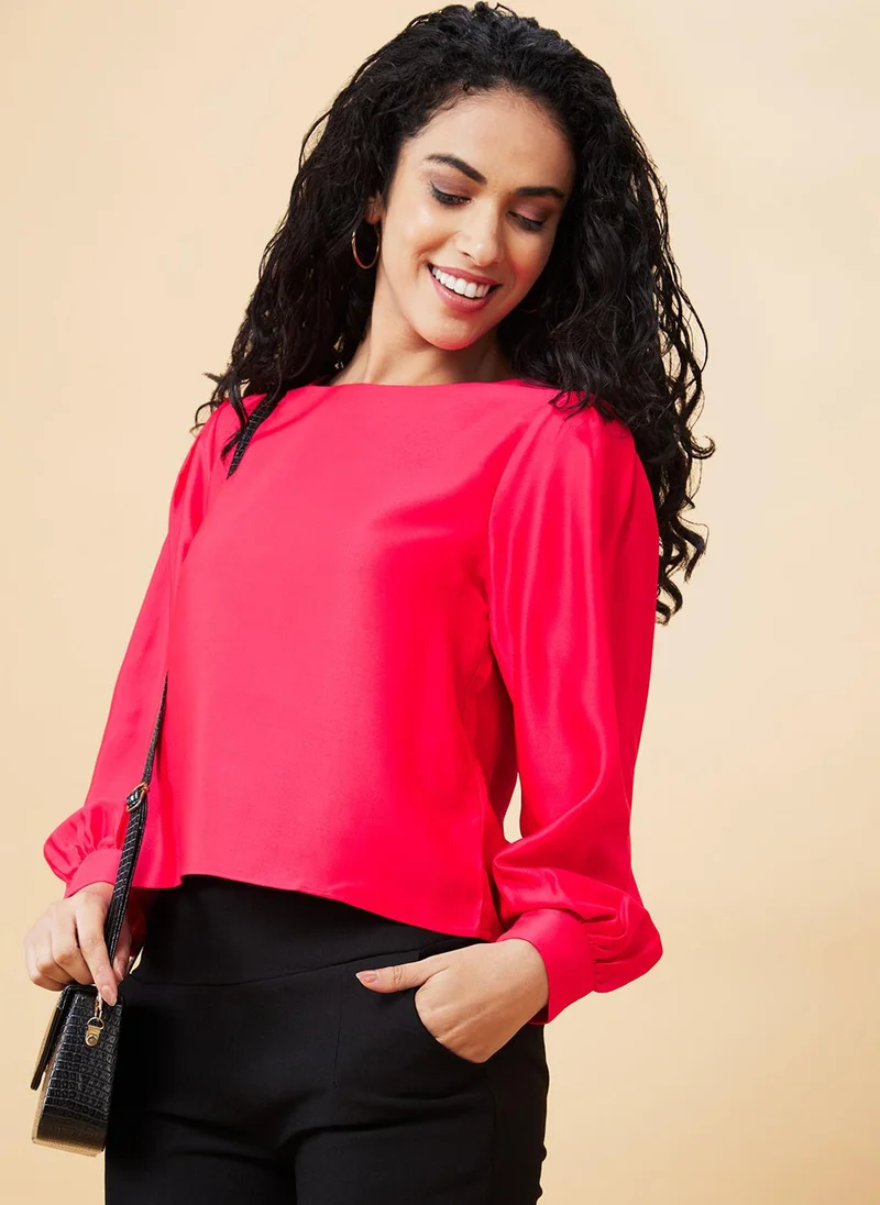 globus Globus Women Pink Round Neck Bishop Sleeve Satin Top